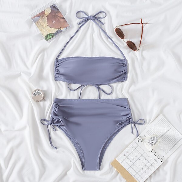 

Solid Ruched High Waisted Bikini Swimsuit, Grey