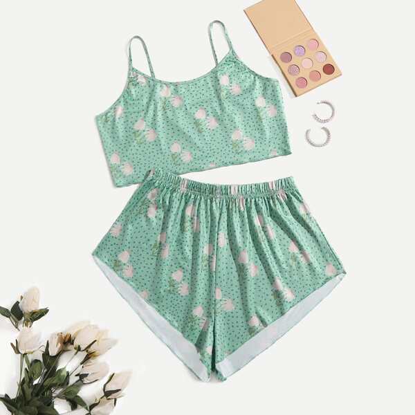 

Plus Floral Print Cami Pajama Set, Green