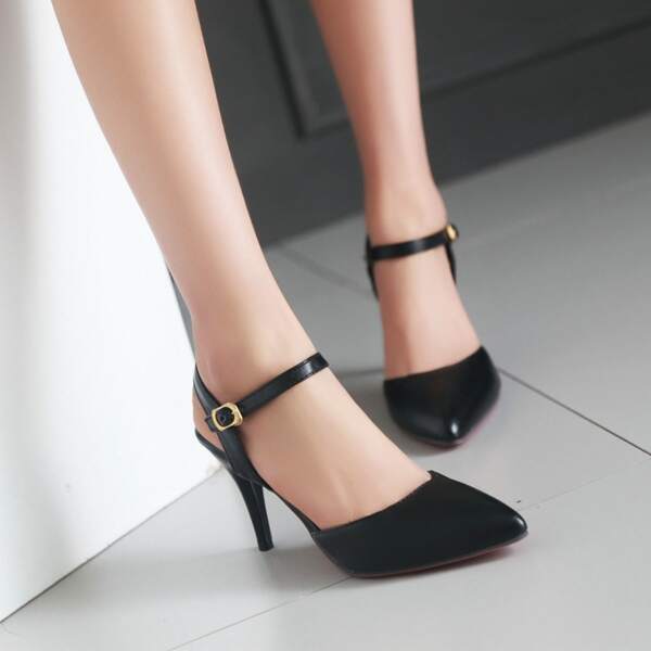 

Point Toe Ankle Strap Stiletto Pumps, Black