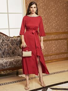 Seusyu Burgundy Red Contrast Guipure Lace Belted Split Hem Dress - Burgundy - View 1