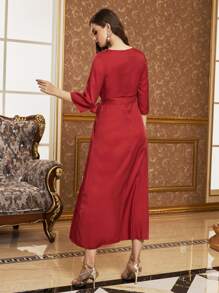 Seusyu Burgundy Red Contrast Guipure Lace Belted Split Hem Dress - Burgundy - View 2