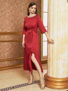 Seusyu Burgundy Red Contrast Guipure Lace Belted Split Hem Dress - Burgundy - View 3