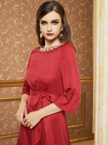 Seusyu Burgundy Red Contrast Guipure Lace Belted Split Hem Dress - Burgundy - View 5