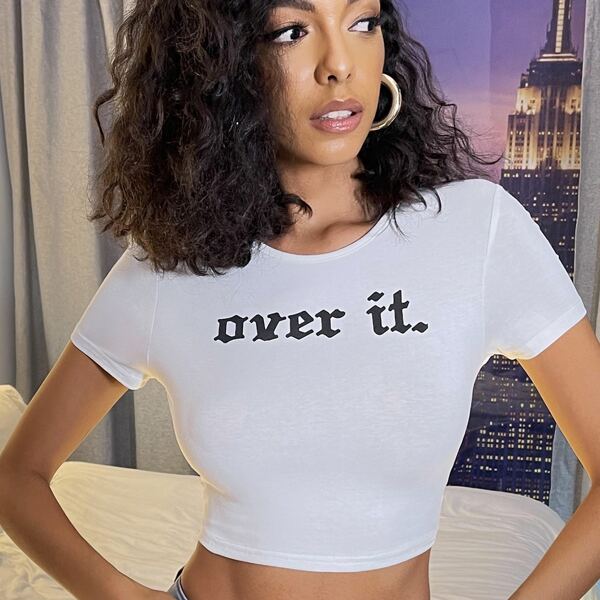 

Backless Slogan Graphic Crop Tee, White