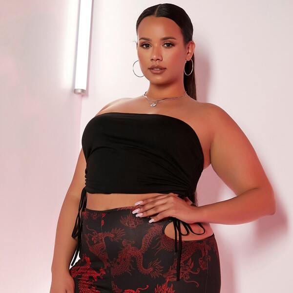 

Plus Ruched Drawstring Crop Tube Top, Black