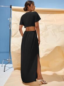 SHEIN VCAY Cut Out Waist Tie Front Slit Hem Dress - Black - View 2