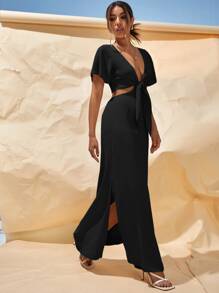 SHEIN VCAY Cut Out Waist Tie Front Slit Hem Dress - Black - View 4