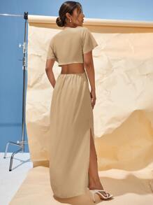 SHEIN VCAY Tie Front Cut Out Split Hem Dress - Khaki - View 2