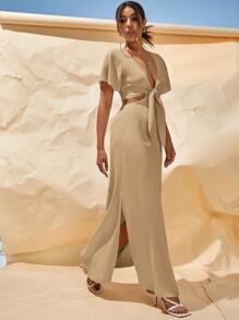 SHEIN VCAY Tie Front Cut Out Split Hem Dress - Khaki - View 3