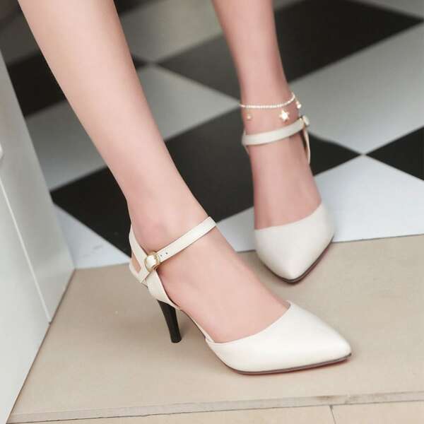 

Point Toe Ankle Strap Stiletto Pumps, Beige