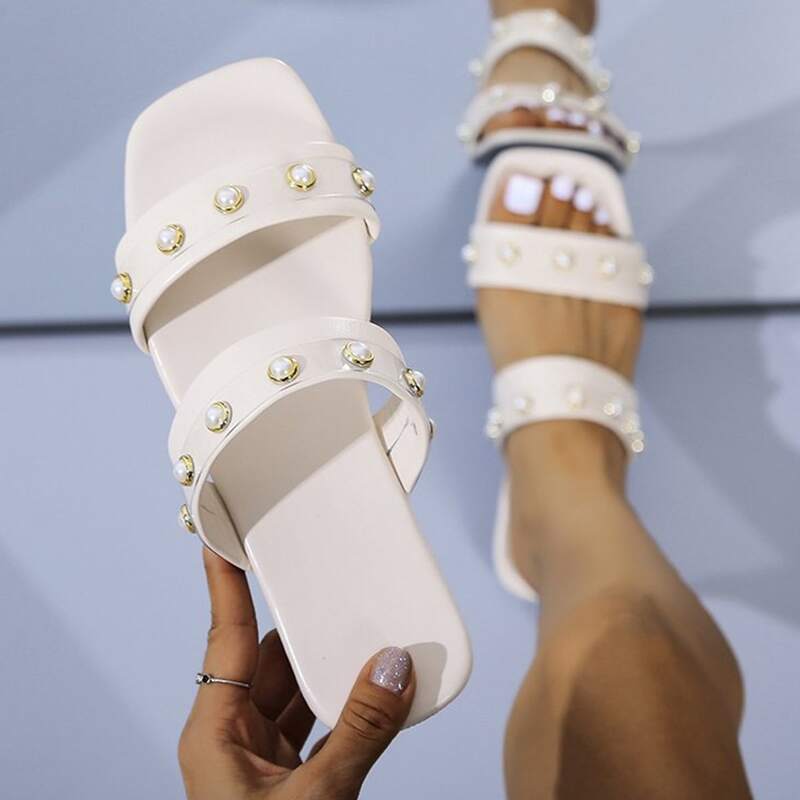 

Faux Pearl Decor Slide Sandals, Beige