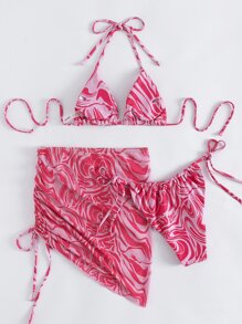 SHEIN Swim Swirl Print Bikini Set Drawstring Triangle Bra & Thong Bottom & Beach Skirt 3 Piece Bathing Suit - Pink - View 4