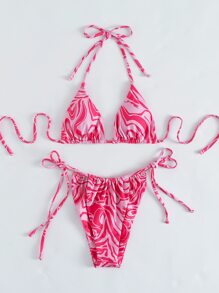 SHEIN Swim Swirl Print Bikini Set Drawstring Triangle Bra & Thong Bottom & Beach Skirt 3 Piece Bathing Suit - Pink - View 5