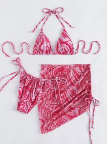SHEIN Swim Swirl Print Bikini Set Drawstring Triangle Bra & Thong Bottom & Beach Skirt 3 Piece Bathing Suit - Pink - View 6