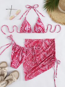 SHEIN Swim Swirl Print Bikini Set Drawstring Triangle Bra & Thong Bottom & Beach Skirt 3 Piece Bathing Suit - Pink - View 3