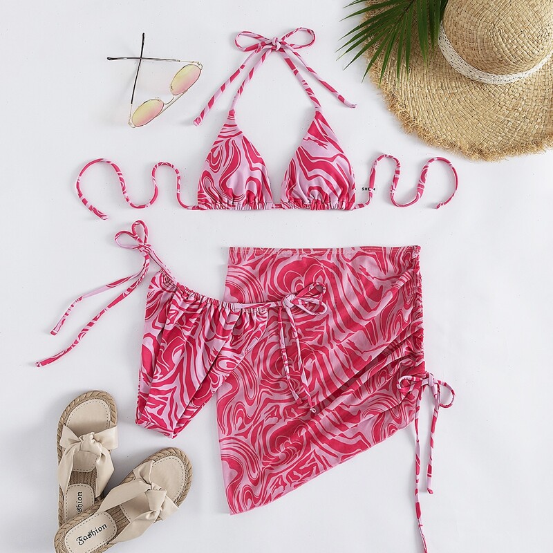 

3pack Allover Print Triangle Bikini Swimsuit & Beach Skirt, Pink