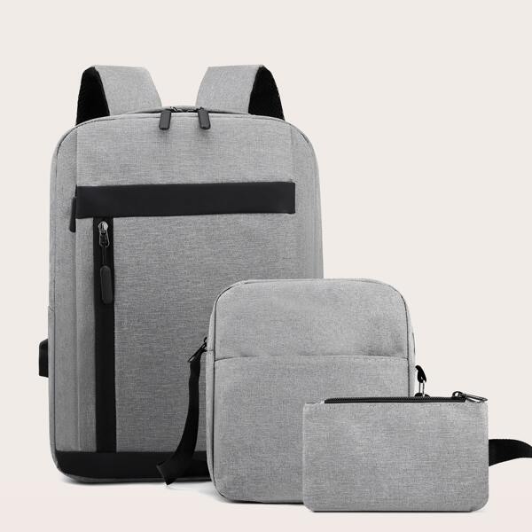 

3pcs Men Zip Front Backpack Set, Grey