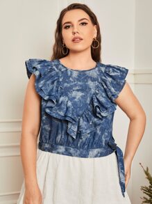 SHEIN VCAY Plus Tie Dye Layered Ruffle Trim Tie Side Top - Blue - View 3