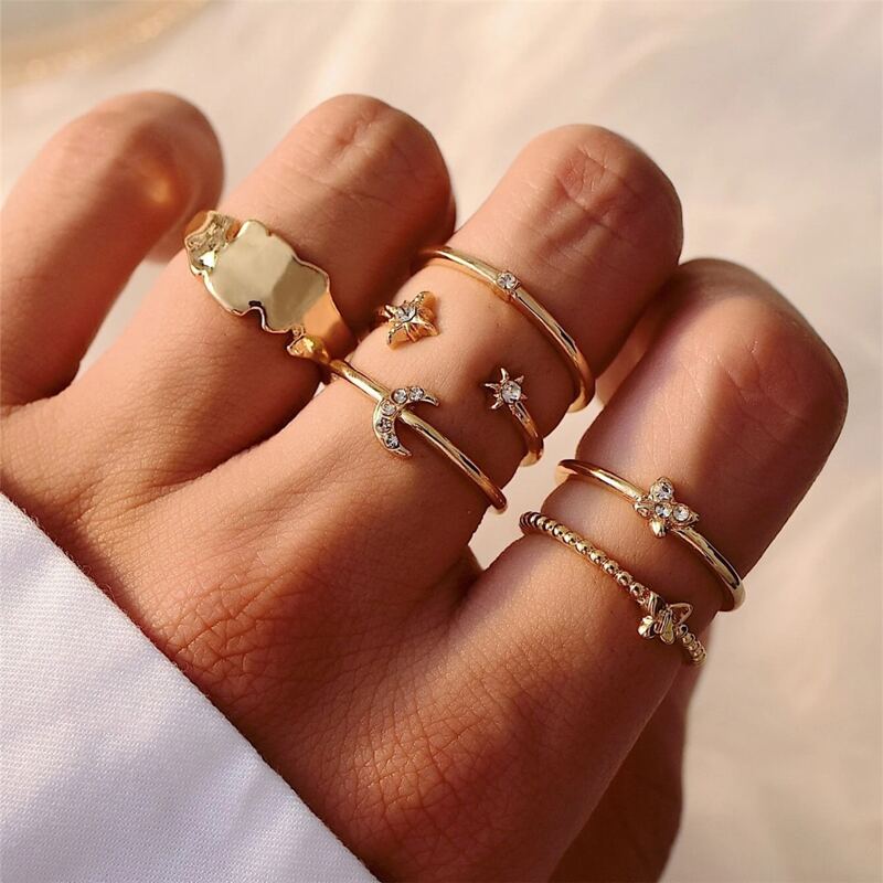 

6pcs Rhinestone Decor Ring, Gold