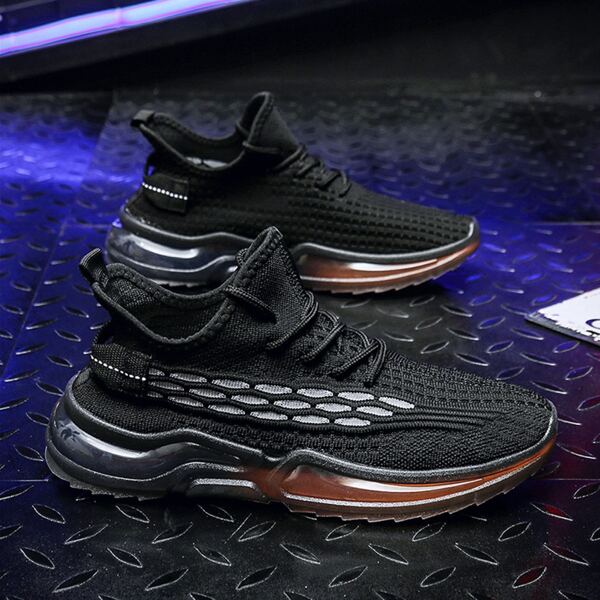 

Men Lace Up Decor Knit Running Shoes, Black