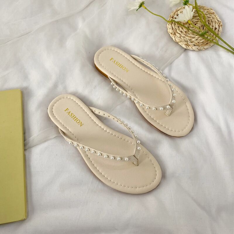 

Faux Pearl Decor Flat Thong Sandals, Beige