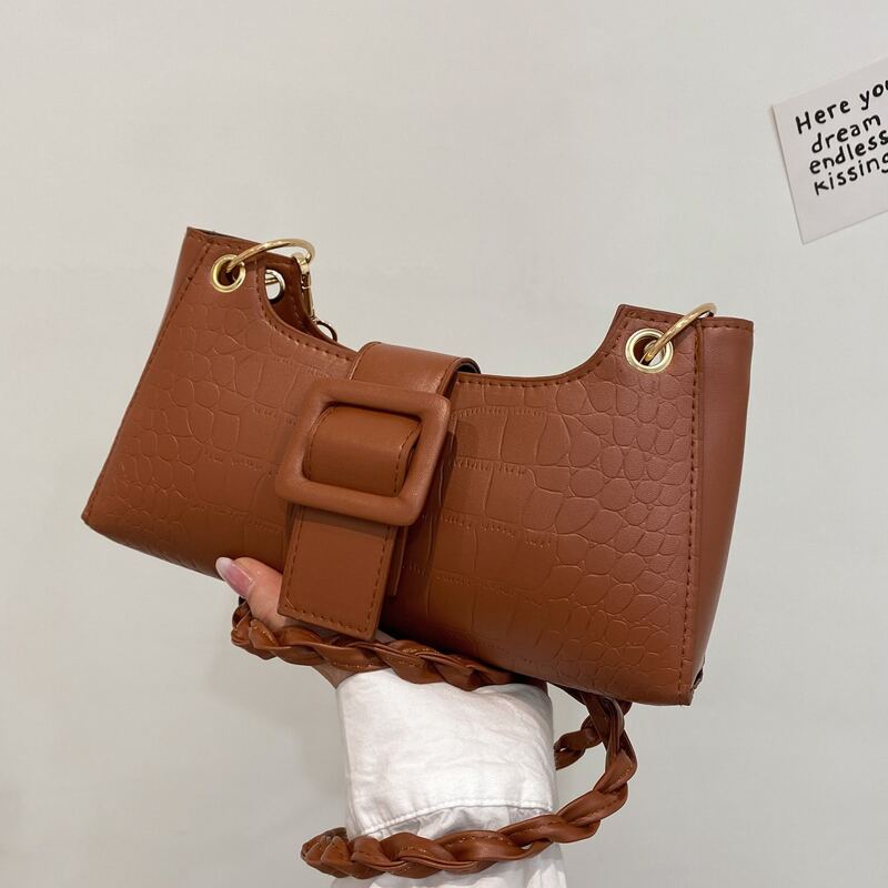

Croc Embossed Buckle Decor Shoulder Bag, Brown