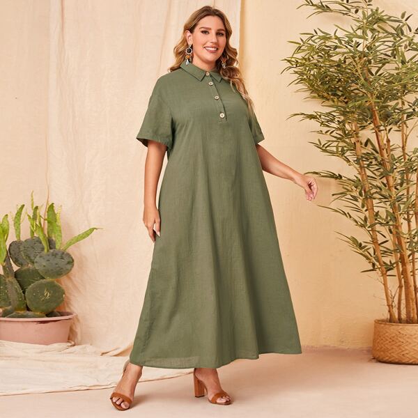 

Plus Drop Shoulder Button Up Dress, Army green