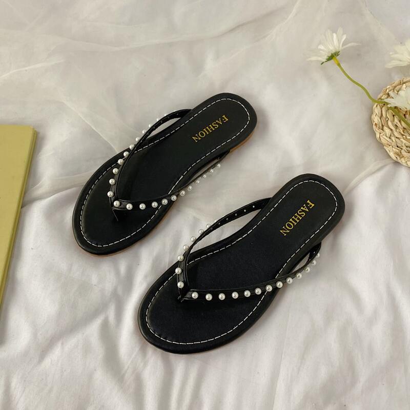

Faux Pearl Decor Flat Thong Sandals, Black