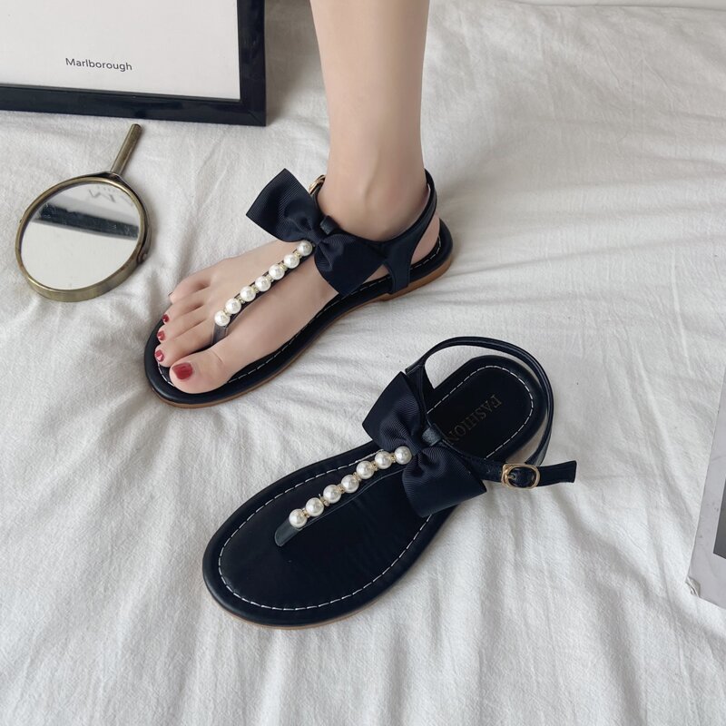 

Faux Pearl & Bow Decor Thong Sandals, Black