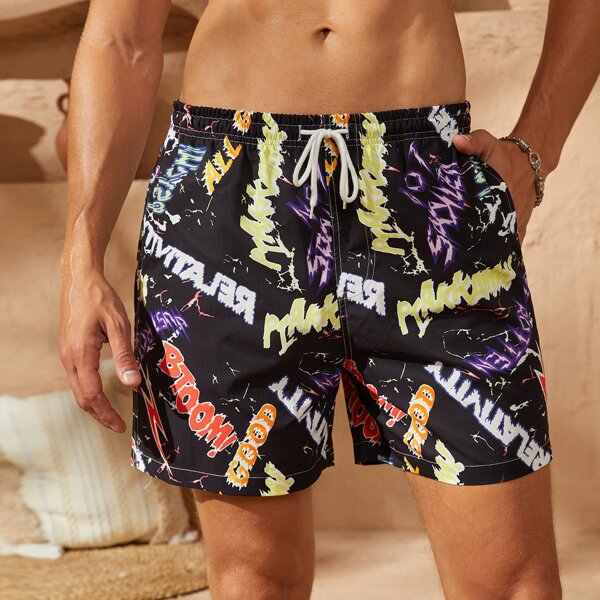 

Men Letter Graphic Drawstring Swim Trunks, Multicolor