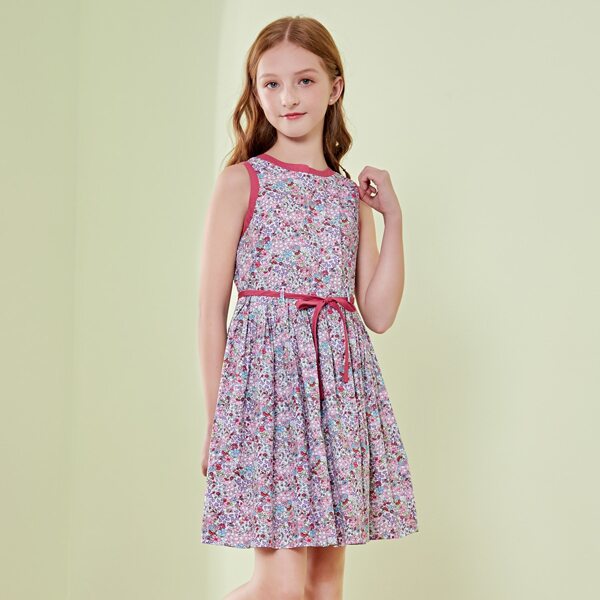 

Girls Contrast Binding Ditsy Floral Belted Dress, Pink