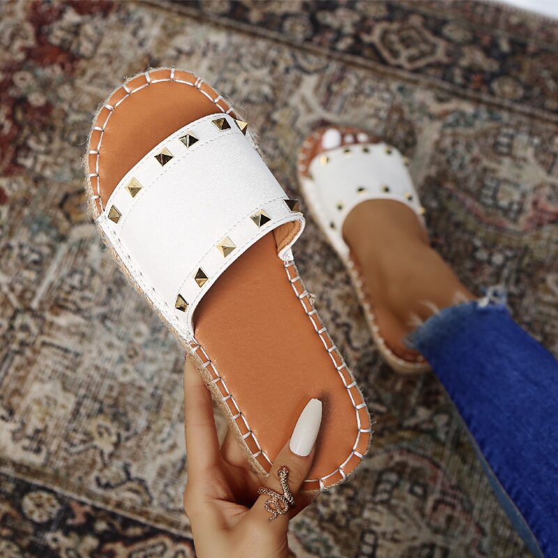 

Spiked Decor Espadrille Slide Sandals, White