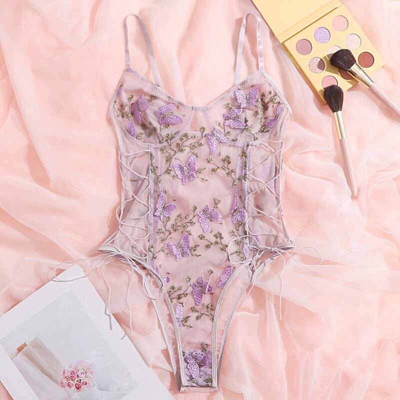 

Floral Embroidered Mesh Lace-up Side Teddy Bodysuit, Mauve purple