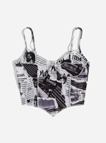 SHEIN Newspaper Print Bustier Cami Top - Black and White - View 3