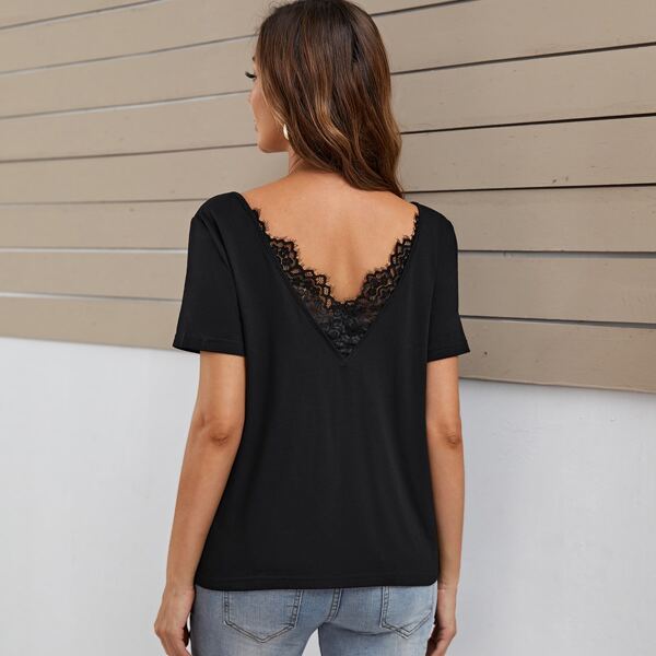 

Maternity V Neck Contrast Lace Panel Tee, Black