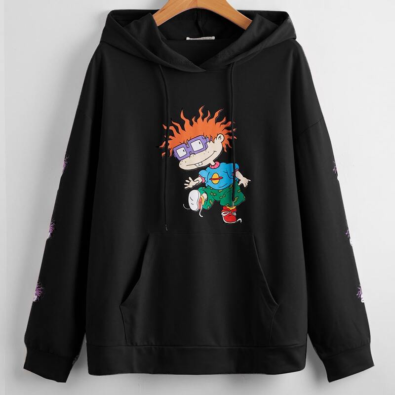 

Cartoon Figure Graphic Drawstring Pocket Hoodie, Black