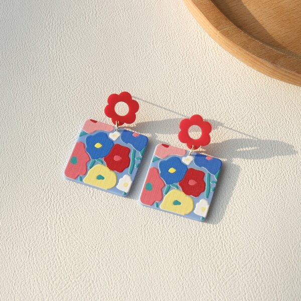

Flower Decor Geometric Drop Earrings, Mint blue