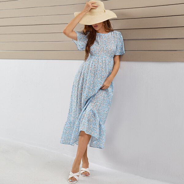 

Maternity Butterfly Sleeve Ruffle Hem Ditsy Floral Dress, Multicolor