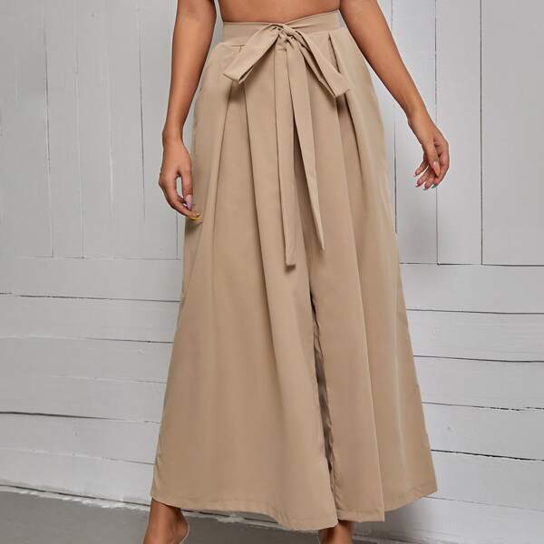

Solid Tie Front Wide Leg Pants, Camel