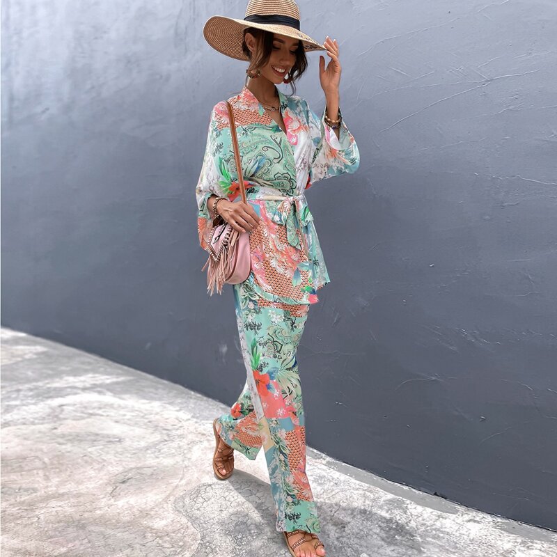 

Floral & Paisley Print Belted Kimono, Multicolor