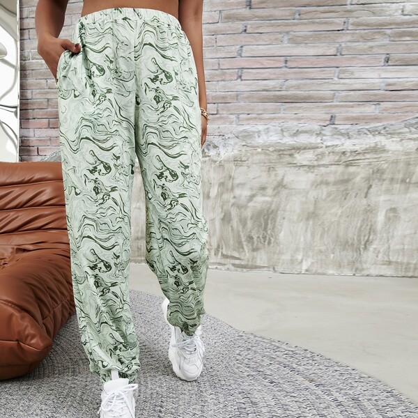 

Elastic Waist Marble Print Sweatpants, Green