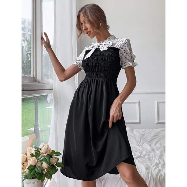 

Polka Dot Spliced Tie Neck A-line Dress, Black
