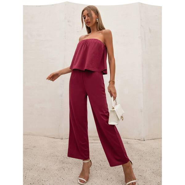

Solid Ruffle Trim Tube Jumpsuit, Burgundy