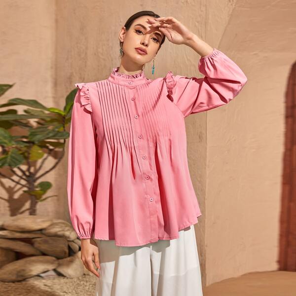 

Frill Neck Pleated Button Up Blouse, Pink