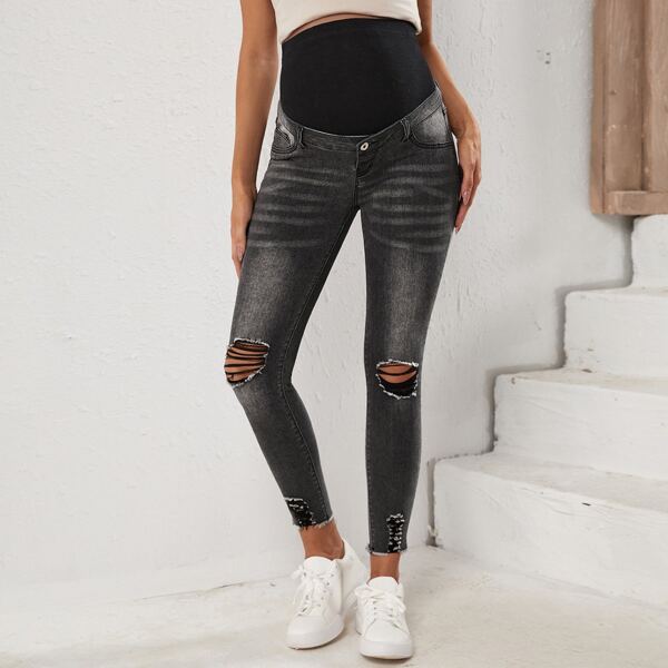 

Maternity Slant Pocket Ripped Raw Hem Jeans, Dark grey