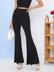 High Waist Flare Leg Pants - Black - View 2