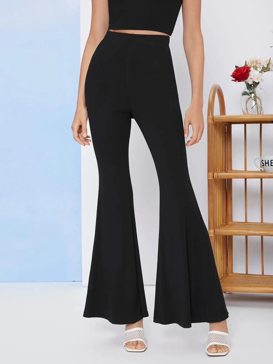 High Waist Flare Leg Pants - Black - View 1