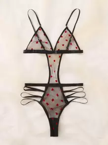 心形印花镂空网眼连体衣内衣 - 黑色 - 查看 2