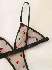 心形印花镂空网眼连体衣内衣 - 黑色 - 查看 5