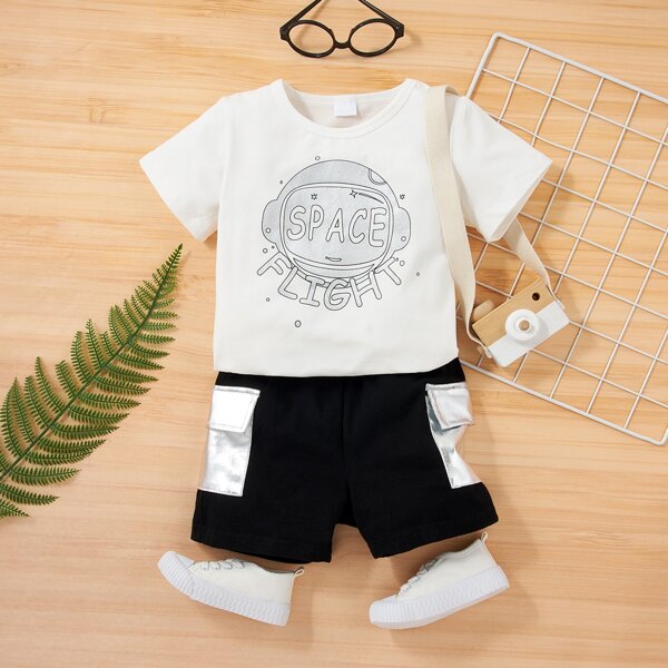 

Toddler Boys Letter Graphic Tee & Flap Pocket Shorts, Black and white